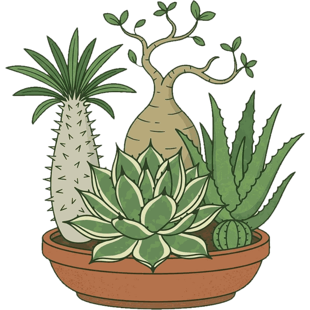 Illustration of agave, Pachypodium, a caudex plant, aloe and a small cactus growing in one terracotta bowl